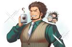  1girl 3boys ace_attorney bara character_request chibi chibi_inset closed_eyes cosplay_request cup grin holding holding_cup ina_zuma large_pectorals male_focus mature_male mug multiple_boys muscular muscular_male necktie pectorals short_hair smile sparkling_aura striped striped_vest thick_eyebrows translation_request upper_body vest white_necktie 