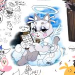  2022 angel anthro black_eyes blush blush_stickers clipboard drawpile eyewear felid feline female floppysquared gabby_(neon_white) glasses half-closed_eyes halo mammal narrowed_eyes neon_white sitting sitting_on_cloud solo_focus 