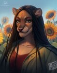  anthro artist_name black_hair blue_sky brown_body brown_eyes bust_portrait clothed clothing eyelashes felid female flower front_view glistening glistening_eyes green_clothing green_jacket green_topwear hair hi_res jacket lion looking_at_viewer mammal marie_merkh mouth_closed pantherine plant portrait red_clothing red_topwear signature sky solo sunflower topwear 