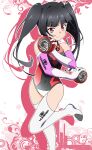  1girl black_hair blush breasts closed_mouth commentary_request covered_navel highres leotard long_hair looking_at_viewer red_eyes senki_zesshou_symphogear small_breasts smile solo tanashi_(mk2) thighhighs tsukuyomi_shirabe twintails white_thighhighs yo-yo 