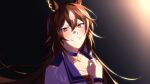  1girl animal_ears breasts brown_hair choker cleavage grin hand_up highres horse_ears jacket korean_commentary long_hair looking_at_viewer open_mouth red_eyes red_vest sirius_symboli_(umamusume) small_breasts smile solo starting_future_(umamusume) sweat ukka_(0ukka_) umamusume v-shaped_eyebrows vest white_jacket wristband 