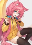  1girl :d animal_ears black_thighhighs blue_eyes chiye_(hyanna_natsu) clothing_cutout fang fox_ears fox_girl fox_tail highres hollyyn hood hood_down hoodie long_hair long_sleeves looking_at_viewer low_twintails no_pants open_mouth original pink_hair shoulder_cutout smile tail thighhighs twintails very_long_hair yellow_hoodie 