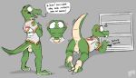  all_fours anthro anus backsack balls blush butt cleaning clothing crocodilian cute_fangs dialogue embarrassed genitals green_body green_scales hi_res male raised_tail reptile scales scalie scrubbing shirt sodacaps solo speech_bubble tail topwear uniform 