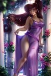  1girl breasts dress flower garden hercules_(1997_film) legs long_hair looking_at_viewer medium_breasts megara_(disney) olchas ponytail purple_dress purple_eyes sandals side_slit sleeveless smile solo 