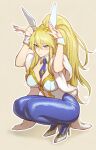  1girl animal_ears artoria_pendragon_(fate) artoria_pendragon_(swimsuit_ruler)_(fate) blonde_hair blue_necktie blue_pantyhose blush braid breasts bunny_day center_opening cleavage closed_mouth commentary_request detached_collar embarrassed fate/grand_order fate_(series) fishnet_pantyhose fishnets french_braid fujii_eishun full_body fur_(clothing) gold_trim green_eyes hair_between_eyes hands_up high_heels highres large_breasts leotard long_hair looking_at_viewer navel necktie pantyhose playboy_bunny ponytail rabbit_ears rabbit_pose shoes short_necktie sidelocks simple_background solo squatting strapless strapless_leotard tiara very_long_hair white_footwear white_leotard wrist_cuffs yellow_headwear 