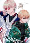  3boys baek_chungsung blonde_hair brothers earrings highres japanese_clothes jewelry looking_at_viewer male_focus multicolored_hair multiple_boys multiple_earrings paradox_live parted_lips phantometal_(paradox_live) pink_hair red_eyes ring short_hair siblings sirofuku414 smile sunglasses teeth white_background yellow_eyes yeon_dongha yeon_hajun 
