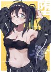  1girl arms_behind_head arms_up black_hair black_pants blush breasts cleavage closed_mouth collar green_eyes green_hair highres looking_at_viewer medium_breasts mizumi_(artist) multicolored_hair navel one_eye_closed original pants solo sweat 