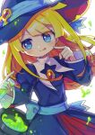 1girl absurdres blonde_hair blue_eyes blue_headwear blush cauldron closed_mouth hat highres long_hair long_sleeves looking_at_viewer offbeat pointing pointing_at_self puyopuyo solo test_tube tongue tongue_out witch_(puyopuyo) witch_hat 
