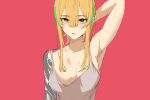  1girl absurdres arm_tattoo armpits blonde_hair blunt_bangs breasts cleavage highres long_hair loose_clothes military multicolored_hair one_eye_closed original pen_guin15 red_background streaked_hair tank_top tattoo 