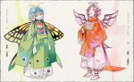  2girls alternate_costume animal_ears antennae baggy_pants bird_ears bird_wings branch butterfly_ring closed_eyes closed_mouth commentary eternity_larva fingernails full_body garnetelegy green_shirt grin highres long_sleeves looking_at_viewer multiple_girls mystia_lorelei orange_hair orange_shirt pants pants_tucked_in pink_hair sharp_fingernails shirt short_hair sleeves_past_wrists smile tiara touhou traditional_clothes translation_request white_pants wide_sleeves wings 