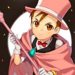  &gt;:) 1boy ace_attorney aged_down apollo_justice aqua_gemstone black_vest blush bow bowtie bracelet brown_eyes brown_hair cape child closed_mouth collared_shirt dot_nose from_above gloves hat holding holding_staff jewelry looking_at_viewer male_focus mizz_(mizzmizz) pink_cape pink_headwear red_bow red_bowtie shirt smile solo staff top_hat two-tone_background upper_body v-shaped_eyebrows vest white_gloves white_shirt 