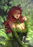  1girl blurry blurry_background breasts brown_eyes cleavage commentary dc_comics depth_of_field detached_sleeves english_commentary highres kael_ngu large_breasts leaf leaf_clothing long_hair looking_at_viewer nature outdoors poison_ivy red_hair solo upper_body 