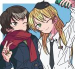  2girls absurdres alternate_costume anzio_(emblem) anzio_school_uniform black_necktie blonde_hair blue_background border brown_hair caesar_(girls_und_panzer) carpaccio_(girls_und_panzer) desuwadesun0 dress_shirt emblem garrison_cap girls_und_panzer green_eyes green_shirt hat highres long_hair multiple_girls nail_polish necktie one_eye_closed ooarai_military_uniform red_nails red_scarf red_shirt scarf school_uniform selfie shirt short_hair simple_background smile tilted_headwear undershirt v white_border white_shirt yellow_nails 