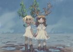  2girls blonde_hair blue_sky brown_eyes brown_hair capelet closed_mouth dot_mouth dress dripping highres holding_hands kezuru medium_hair mud multiple_girls one_side_up original outdoors puddle rain ripples shipwreck short_sleeves silhouette sky standing straight-on white_capelet white_dress |_| 