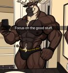 absurd_res anthro antlers bathroom big_muscles brown_body bulge clothed clothing darknaigart deer english_text hi_res horn male mammal muscular muscular_anthro muscular_male nipples pecs phone selfie solo text topless underwear 