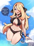  1girl absurdres bikini black_bikini blonde_hair blue_eyes breasts cleavage cynthia_(pokemon) english_commentary english_text hair_ornament hand_on_own_hip highres large_breasts long_hair looking_at_viewer navel poke_ball pokemon pokemon_(creature) pokemon_dppt smile swimsuit touyarokii twitter_username 