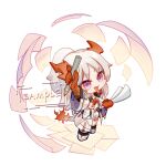  1girl :d absurdres arknights arm_up bandeau black_socks chibi dragon_girl dragon_horns dragon_tail fang flame-tipped_tail full_body highres holding holding_pen horns jacket long_hair nian_(arknights) open_clothes open_jacket pen ponytail purple_eyes sample_watermark shoes short_shorts shorts simple_background smile socks solo standing tail tuchuan very_long_hair white_background white_footwear white_hair white_jacket white_shorts 