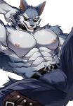  anthro bulge canid canine canis chung0_0 clothed clothing dislyte ear_piercing ear_ring eyewear freddy_(dislyte) hi_res looking_at_viewer male mammal muscular muscular_anthro muscular_male navel piercing ring_piercing solo sunglasses topless wolf 