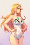  1girl blonde_hair breasts chest_jewel closed_mouth commentary covered_navel embarrassed frown gem hands_on_hips headpiece highres long_hair medium_breasts mythra_(radiant_beach)_(xenoblade) mythra_(xenoblade) one-piece_swimsuit phrecklesart ribbed_swimsuit solo strapless strapless_swimsuit striped striped_one-piece_swimsuit swimsuit thighs tiara two-tone_swimsuit vertical-striped_one-piece_swimsuit vertical_stripes white_one-piece_swimsuit xenoblade_chronicles_(series) xenoblade_chronicles_2 yellow_eyes 
