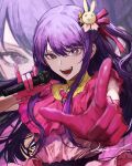  1girl dress gloves hair_between_eyes hair_ornament heart highres holding holding_microphone hoshino_ai_(oshi_no_ko) idol long_hair looking_at_viewer microphone multicolored_hair open_mouth oshi_no_ko pink_dress pink_gloves pointing pointing_at_viewer purple_eyes purple_hair rabbit_hair_ornament ratte_(cf) smile solo star-shaped_pupils star_(symbol) star_hair_ornament star_in_eye symbol-shaped_pupils symbol_in_eye 