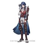  1boy alcryst_(fire_emblem) armor arrow_(projectile) ascot blue_hair fire_emblem fire_emblem_engage fire_emblem_heroes full_body hair_between_eyes hair_ornament hairclip long_sleeves looking_at_viewer male_focus official_art pants red_eyes red_vest senano-yu shirt short_hair shoulder_armor sidelocks solo standing vest waist_cape watermark white_ascot white_background white_pants white_shirt 