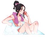  1other androgynous bath bathing black_hair dungeonbgm guilty_gear guilty_gear_strive highres long_hair looking_at_viewer navel other_focus pectorals red_eyes testament_(guilty_gear) towel 