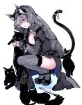  1girl animal animal_ears black_cat black_dress black_footwear black_tail black_veil breasts cat cat_ears cat_tail cleavage commentary_request dress fake_animal_ears fake_tail funeral_dress grey_eyes grey_hair grey_thighhighs heel_up high_heels highres holding holding_animal holding_cat knife large_breasts mina_mathers nanaheibei_3 open_mouth solo squatting tail tail_ornament tail_raised thighhighs toaru_majutsu_no_index toaru_majutsu_no_index:_new_testament veil white_background 