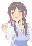  1girl black_hair blue_vest brown_eyes candy collarbone commentary earrings fingernails food gyaru hair_ornament hairclip holding holding_candy holding_food holding_lollipop jewelry light_blush lollipop long_fingernails long_hair looking_at_viewer low_twintails multicolored_hair nail_polish necklace onii-chan_wa_oshimai! oyama_mihari purple_hair purple_nails shirt simple_background solo tama_go tongue tongue_out twintails two-tone_hair upper_body vest white_background white_shirt 
