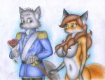  anthro bouquet breasts canid canine canis convenient_censorship duo eliza_gardis female flower flower_bouquet fox hair hair_covering_breasts hi_res male mammal melee_weapon nude plant rigran_gardis sinaherib sword traditional_media_(artwork) weapon wolf 