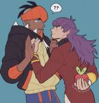  2boys ? applin aqua_background black_hair black_hoodie chatea closed_mouth commentary_request dark-skinned_male dark_skin eye_contact facial_hair fang frown headband highres holding holding_pokemon hood hoodie jacket korean_commentary leon_(pokemon) long_hair looking_at_another male_focus multiple_boys orange_headband pokemon pokemon_(creature) pokemon_(game) pokemon_swsh purple_hair raihan_(pokemon) red_jacket short_hair spoken_question_mark trembling undercut 