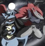  2023 ambiguous_gender angry angry_eyes anthro big_hair black_body black_ears black_hair black_nose black_skin blue_body blue_ears blue_eyes blue_fur blue_tail canid canine chest_spike cloud crossed_arms detailed duo featureless_crotch fur generation_4_pokemon generation_5_pokemon grey_body grey_ears grey_fur grey_nose hair half-closed_eyes happy long_hair long_tail looking_at_viewer lucario lucario521 mammal moon multicolored_body multicolored_ears multicolored_fur multicolored_hair narrowed_eyes night nintendo nude nude_ambiguous nude_anthro outside pokemon pokemon_(species) ponytail portrait pose raised_leg red_ears red_eyes red_hair shadow smile smiling_at_viewer spikes spikes_(anatomy) standing star tail thick_thighs two_tone_body two_tone_fur wide_hips yellow_body yellow_fur zoroark 
