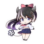  1girl alternate_costume alternate_hairstyle black_hair blue_eyes blush bow brown_footwear chibi closed_mouth commentary_request demon_girl demon_horns demon_tail full_body grey_horns grey_shirt grey_skirt hair_bow high_ponytail horns long_hair long_sleeves looking_at_viewer mariooo medium_bangs midriff multicolored_hair nanashi_inc. navel neckerchief oinomori_may pink_bow pleated_skirt pointy_ears purple_hair red_neckerchief school_uniform serafuku shirt shoes simple_background skirt smile socks solo split_mouth standing tail transparent_background two-tone_hair virtual_youtuber white_socks 