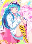  1girl animal_print breasts cleavage cup eyelashes eyeshadow green_hair heart highres holding holding_cup horns labcoat long_hair lum makeup oni oni_horns pointy_ears print_footwear smile solo star_(symbol) tiger_print urusei_yatsura wanta_(futoshi) yellow_eyes 