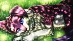  16:9 ambiguous_gender blue_eyes brown_nose feral floppy_ears fur glistening glistening_eyes grass headphones headphones_around_neck hi_res kuttoyaki looking_at_viewer lying mouth_closed on_side plant purple_body purple_fur solo white_body white_fur widescreen 