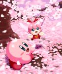  1girl aruco_co blue_eyes blush_stickers cherry_blossoms colored_skin commentary dress fairy fairy_wings falling_petals highres kirby kirby_(series) kirby_64 open_mouth petals pink_hair pink_skin red_dress red_ribbon ribbon ribbon_(kirby) smile solid_oval_eyes symbol-only_commentary tree wings 