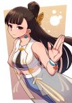  1girl bracelet chun-li crop_top earrings folded_hair hand_on_own_hip highres jewelry long_hair looking_at_viewer midriff official_alternate_costume official_alternate_hairstyle open_hand pants see-through solo street_fighter street_fighter_6 track_pants umenodo vest 