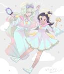  2girls alternate_costume black_garlic_cookie black_hair bow closed_eyes cloud cookie_run dress full_body hair_over_one_eye halo hand_mirror happy humanization long_hair mamimumemo mirror multiple_girls personification purple_bow school_uniform serafuku star_(symbol) white_ghost_cookie white_hair 