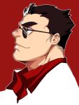  1boy bara from_side helltaker helltaker_(character) long_sideburns looking_ahead male_focus mature_male portrait profile red_background round_eyewear short_hair sideburns sideburns_stubble smile solo sunglasses thick_eyebrows ttn_(239_239) 