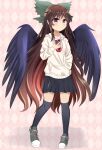  1girl alternate_costume argyle argyle_background bird_wings black_skirt black_socks black_wings blush breasts brown_eyes brown_hair casual chitose_hachi closed_mouth commentary_request contemporary contrapposto drawstring expressionless full_body green_footwear hand_in_pocket heel_up highres holding holding_phone hood hood_down hoodie long_hair looking_at_viewer medium_bangs phone pink_background pleated_skirt reiuji_utsuho shoes sidelocks skirt small_breasts sneakers socks solo standing third_eye touhou very_long_hair white_hoodie wings 