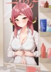  1girl absurdres aru_(blue_archive) bathroom blue_archive blush breasts cleavage collarbone demon_horns dressing halo highres horns large_breasts looking_at_viewer mirror murabito_c navel open_collar pink_hair reflection shirt solo white_shirt 