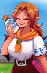  1girl ascot belt breasts brown_hair brown_jabot closed_eyes dress highres holding holding_jar jar large_breasts malon milk parted_bangs pointy_ears purple_dress short_sleeves sweezdraws teeth the_legend_of_zelda the_legend_of_zelda:_ocarina_of_time upper_teeth_only yellow_ascot 