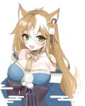  1girl animal_ears bare_shoulders breasts brown_hair cleavage dog_ears dog_girl dog_tail fang genshin_impact green_eyes hair_between_eyes hair_ornament hina_(genshin_impact) japanese_clothes large_breasts long_hair looking_at_viewer makeup open_mouth paw_print pom_pom_(clothes) pom_pom_hair_ornament saburou_03 simple_background sketch solo tail tassel white_background white_hair 