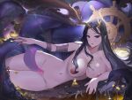  1girl absurdres antlers azur_lane black_hair black_nails blue_eyes breasts chain coin completely_nude gold_chain gold_coin golden_hind_(azur_lane) highres horns huge_breasts jiuxiaocan_yin long_hair lying mole mole_on_breast mole_under_mouth nipples nude on_side reindeer_antlers solo tentacles very_long_hair 