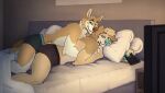  anthro bed blue_nose brown_nose canid canine canis clothing controller cuddling domestic_dog duo fur furniture holding_object lying male male/male mammal on_bed on_side pillow tazara underwear watching_tv yellow_body yellow_fur 