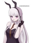  1girl :o bare_shoulders black_gloves black_leotard black_ribbon blunt_bangs blush braid breasts brown_necktie cleavage comi_(avsr7485) commission danganronpa:_trigger_happy_havoc danganronpa_(series) gloves hair_ribbon hand_up highres kirigiri_kyoko leotard long_hair necktie official_alternate_costume pale_skin pink_eyes playboy_bunny ribbon side_braid simple_background solo sweatdrop teeth upper_teeth_only white_background white_hair 