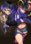  1girl akisu_k black_hair blue_eyes commentary_request contortion cowboy_shot fingerless_gloves flexible gloves glowing glowing_hands jacket multicolored_hair navel open_clothes open_jacket reina_(tekken) simple_background skin_tight smile solo teeth tekken tight_clothes two-tone_hair 