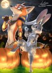  absurd_res anthro canid canine clothed clothing disney duo egyptian egyptian_headdress female fox gold_(metal) halloween halloween_costume hi_res holidays jack-o&#039;-lantern jewelry judy_hopps lagomorph leporid link6432 male mammal mummy nick_wilde pharaoh rabbit red_fox royalty smile undead zootopia 