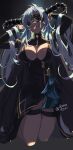  1girl arms_up black_dress blindfold breasts cleavage_cutout clothing_cutout dress facing_viewer fangs fediel_(granblue_fantasy) fediel_(soul_soother&#039;s_finery)_(granblue_fantasy) granblue_fantasy grey_hair highres horns ikenotori kneeling large_breasts long_hair long_sleeves open_mouth parted_bangs solo thigh_strap tongue tongue_out turtleneck twitter_username very_long_hair 