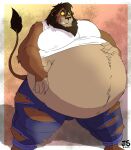  2023 anthro belly belly_inflation big_belly bloated bottomwear clenched_teeth clothed clothing disney fangs felid fur hand_on_stomach hi_res inflation jakeshepherd502 kovu_(the_lion_king) lion male mammal mane navel nervous_smile pantherine pants raised_tail shirt signature solo standing tail tail_tuft teeth the_lion_king topwear torn_clothing tuft whiskers white_clothing white_shirt white_topwear wide_eyed yellow_eyes 