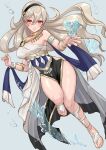  1girl alternate_costume armlet bare_shoulders black_hairband blush breasts closed_mouth commentary_request corrin_(female)_(fire_emblem) corrin_(fire_emblem) dancer_(three_houses) dress fingernails fire_emblem fire_emblem:_three_houses fire_emblem_fates floating_hair gladiator_sandals grey_hair hair_between_eyes hairband highres jewelry lips long_hair looking_at_viewer medium_breasts necklace pelvic_curtain pink_lips pointy_ears red_eyes sandals sleeveless sleeveless_dress snow20200 solo thighs twitter_username white_dress 